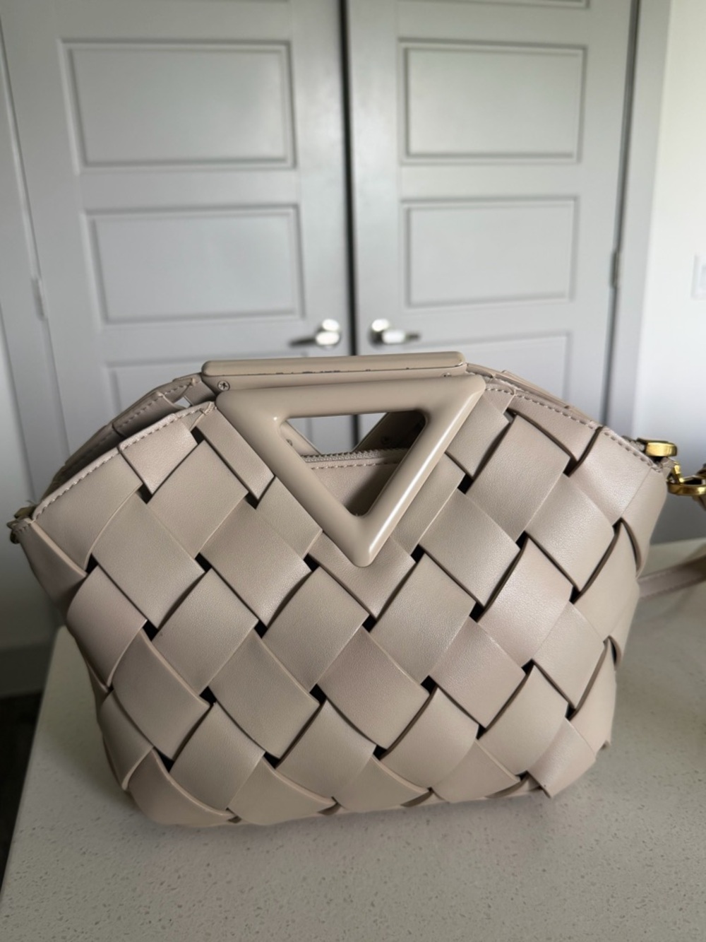 Woven Triangle-Handle Crossbody Bag in Light Beige